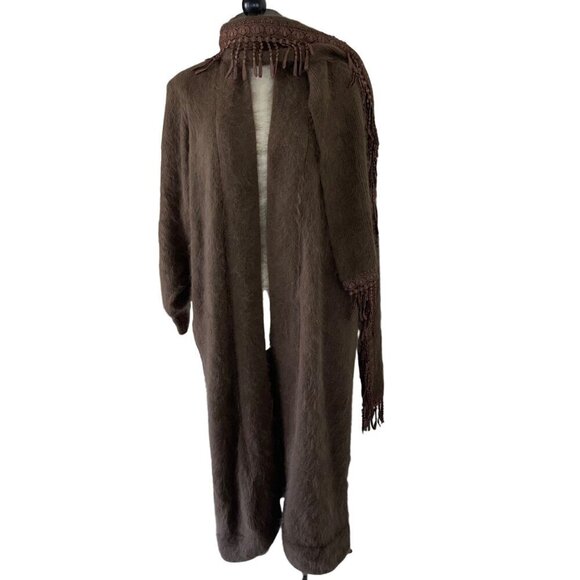 Venesha Vintage Womens Sweater Coat Size Small Brown Fringed Scarf Pockets Knit